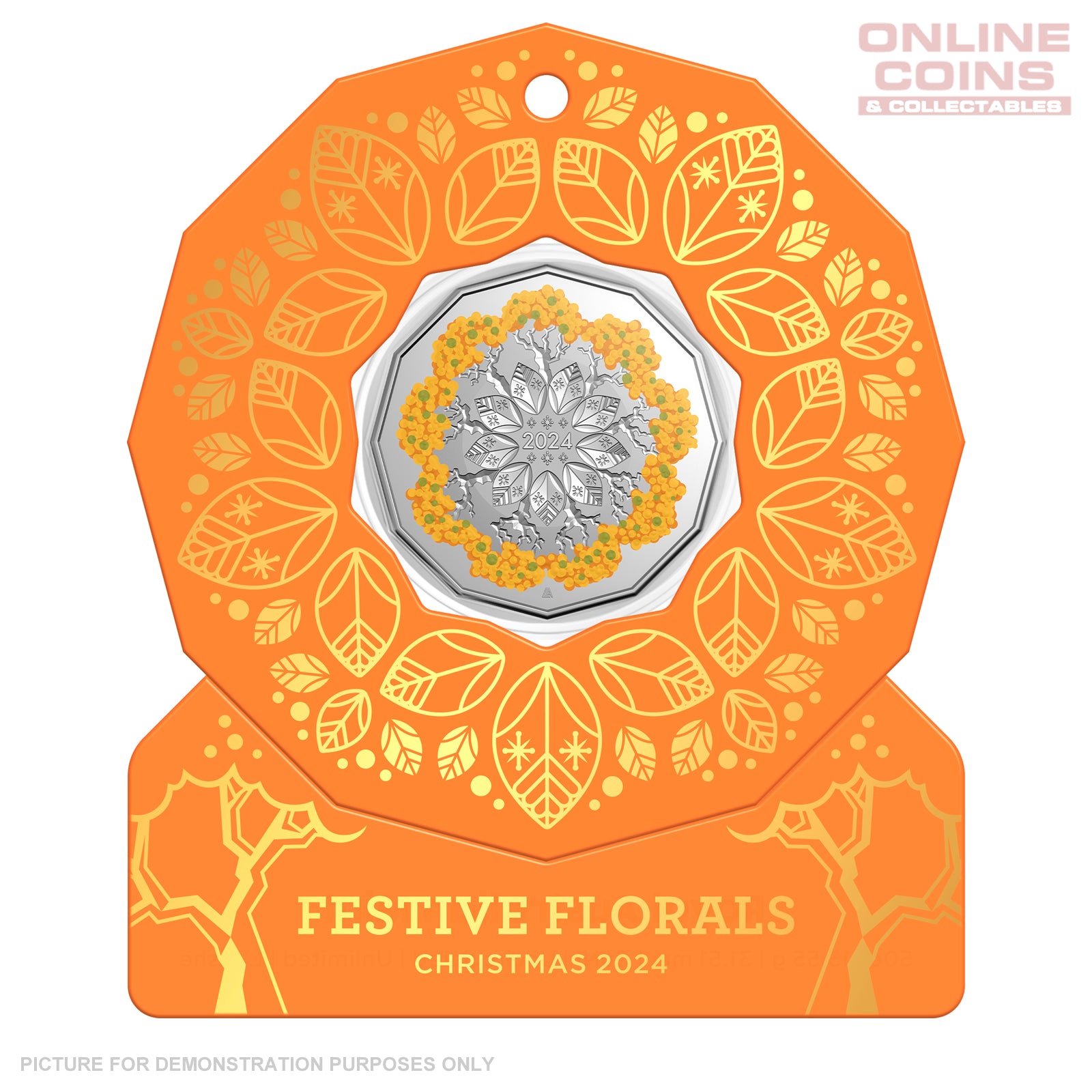 2024 50c CuNi Coloured Uncirculated Carded Coin - Christmas Decoration Festive Floral ORANGE